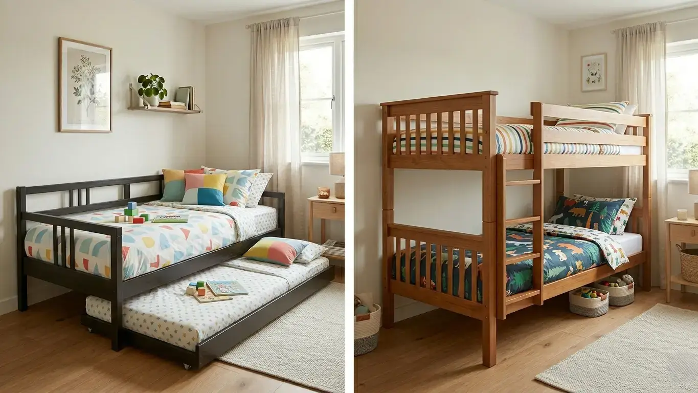 Split image showing a daybed with trundle on the left and a bunk bed on the right in a kids bedroom