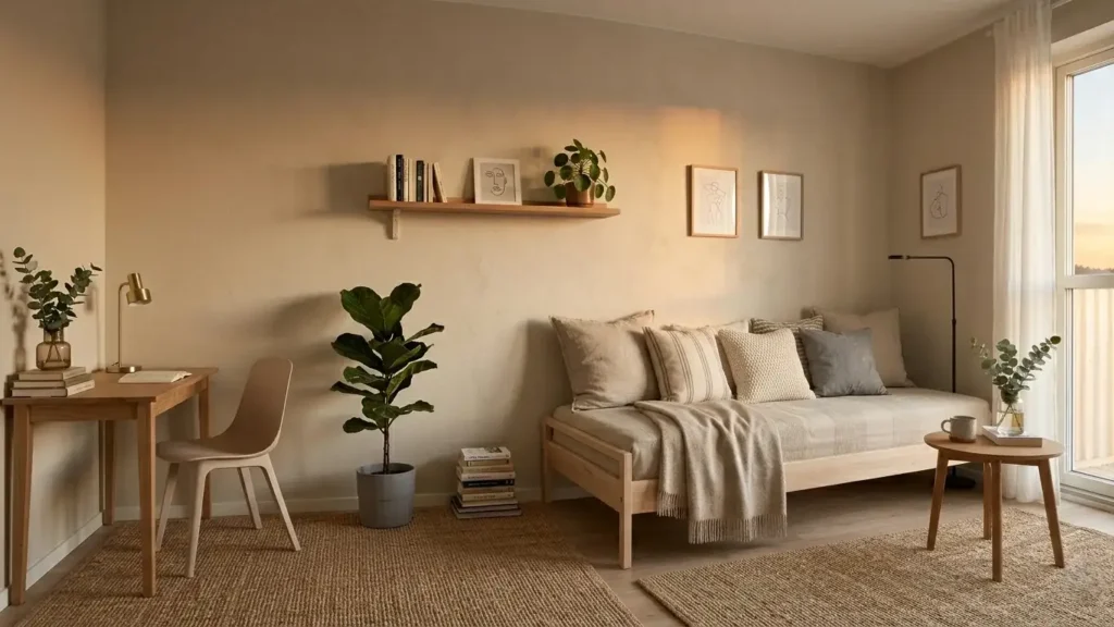 Studio apartment with a daybed styled as a sofa with a coffee table in front and a desk in the corner