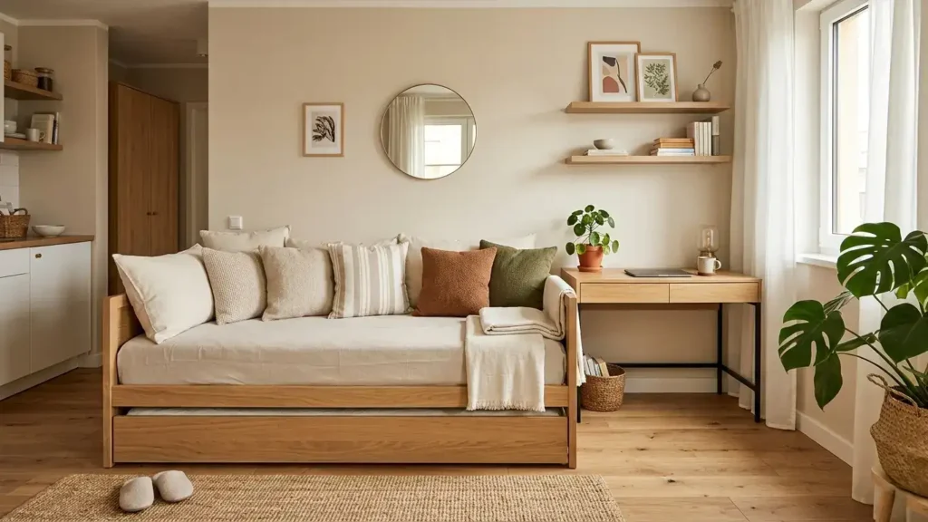 Studio apartment with a daybed styled as a sofa with trundle hidden underneath