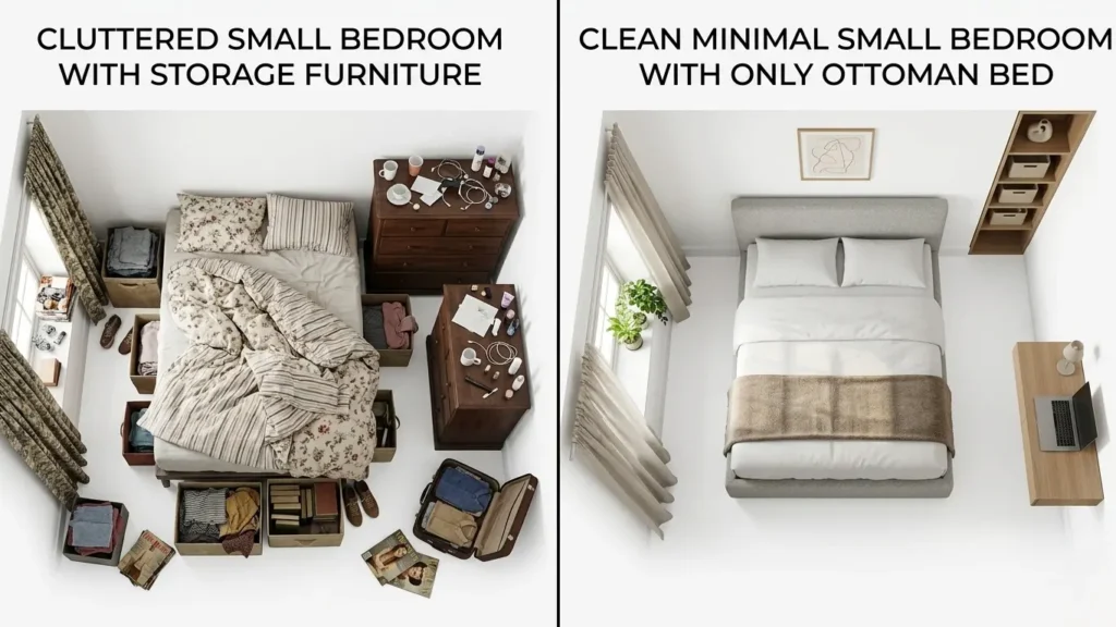 Comparison of a cluttered small bedroom versus a tidy bedroom using an ottoman storage bed
