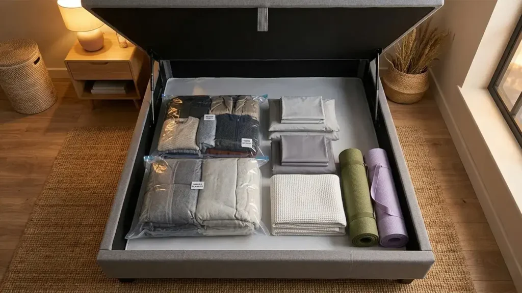 Inside view of an ottoman bed storage compartment organised with clothes, linens, and yoga mats