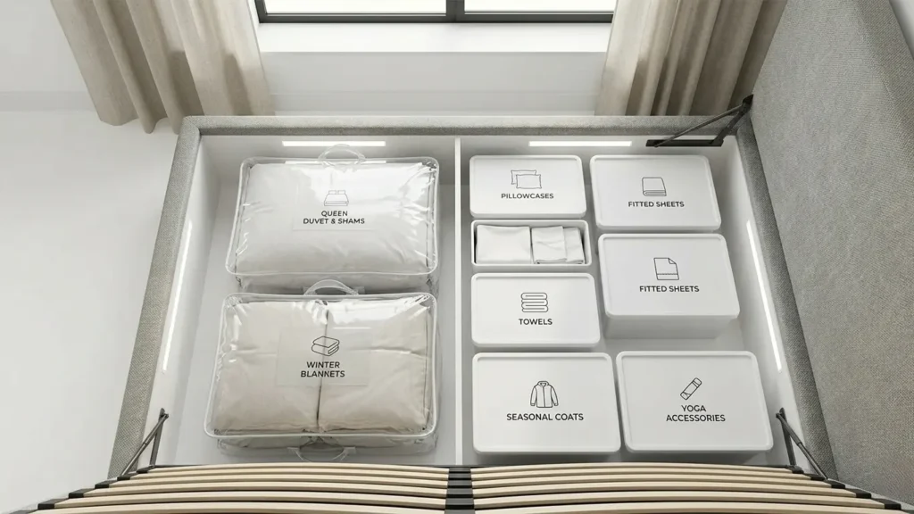 Organised ottoman bed storage with vacuum bags and labelled storage boxes