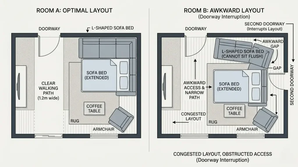 Top-down floor plan comparison showing a corner sofa bed fitting well in a clean corner versus an awkward fit when a doorway interrupts one wall