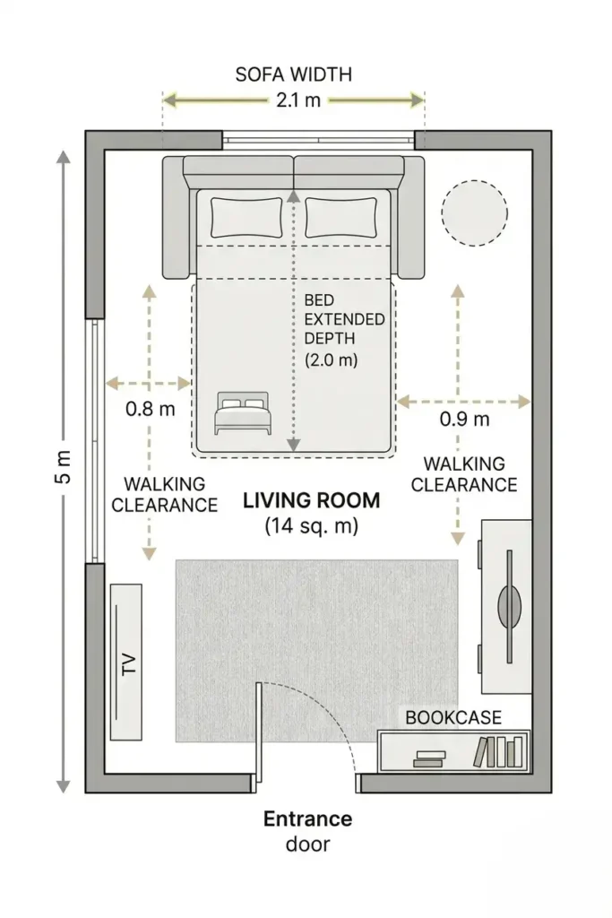 Top-down floor plan diagram of a small apartment showing a sleeper sofa with bed extended and measurement arrows for width, depth and clearance