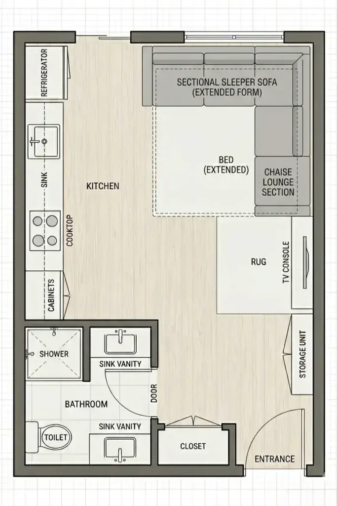 Top-down floor plan of a studio apartment with a sectional sleeper sofa in the corner and dashed lines showing the open bed extension and walking clearance