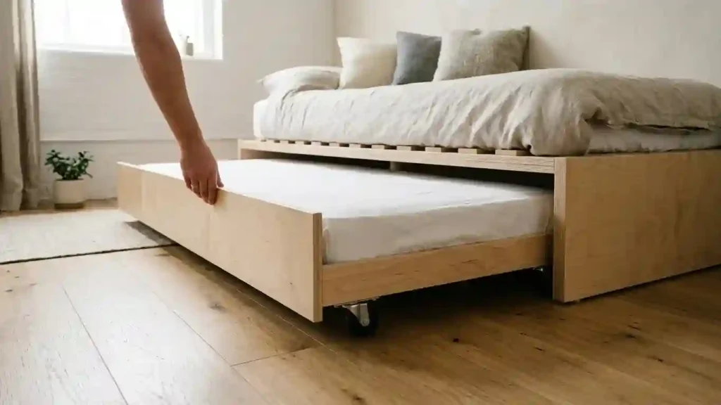 Trundle bed on wheels being pulled out from underneath a main bed frame