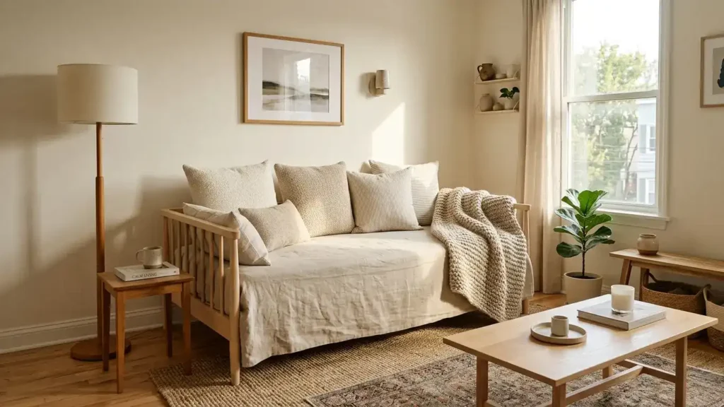 Twin daybed styled as a sofa in a small apartment living room
