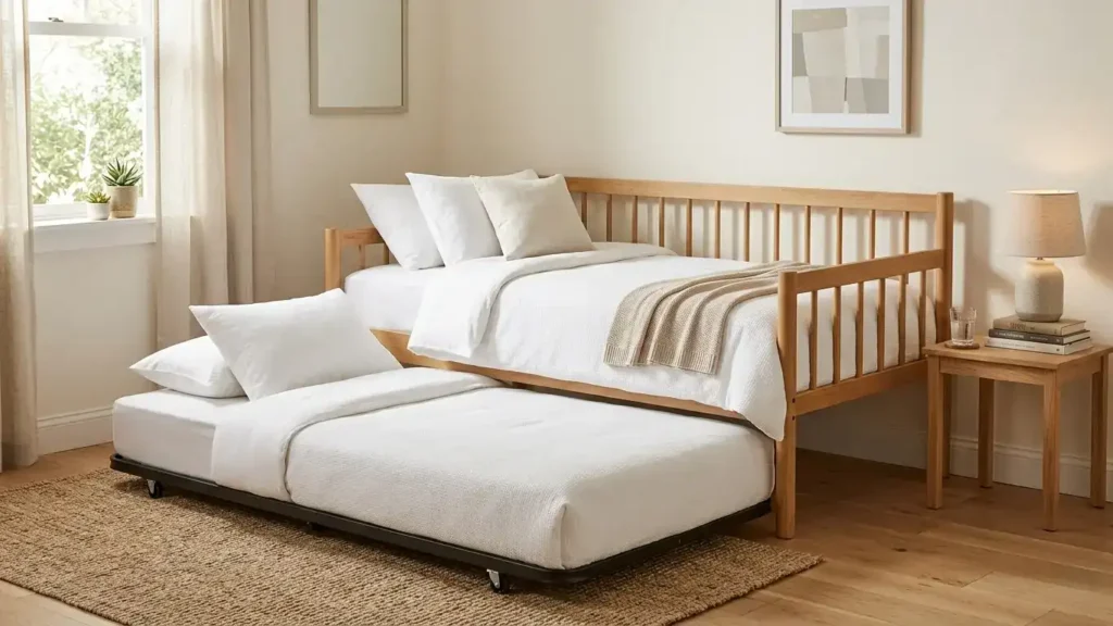 Twin daybed with trundle pulled out showing both the main bed and the lower trundle sleeping surface