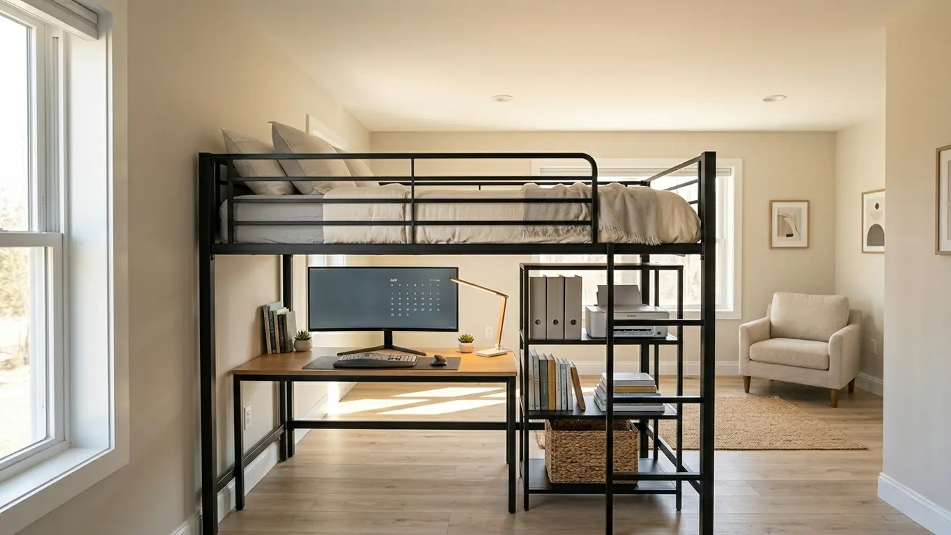 Well organized studio apartment with a loft bed and a complete home office setup in the space underneath