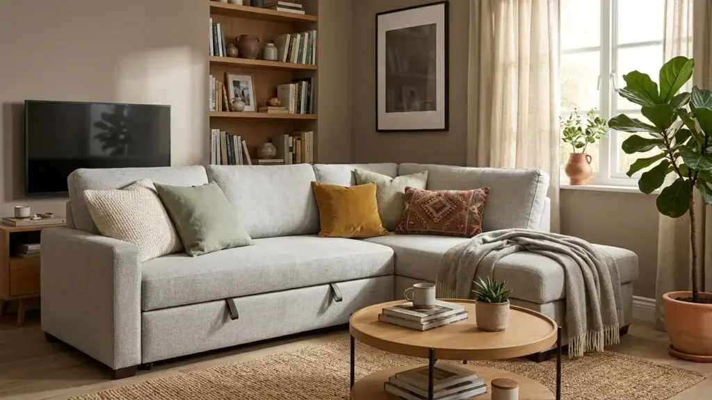Well-styled small living room with corner sofa bed in corner, coffee table, TV opposite and natural homely details