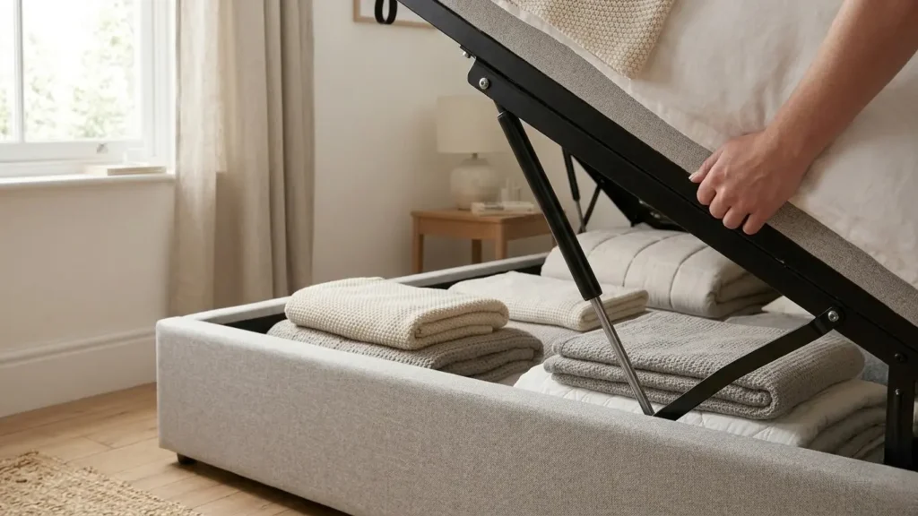 Close-up of gas lift mechanism on the side of an ottoman bed frame