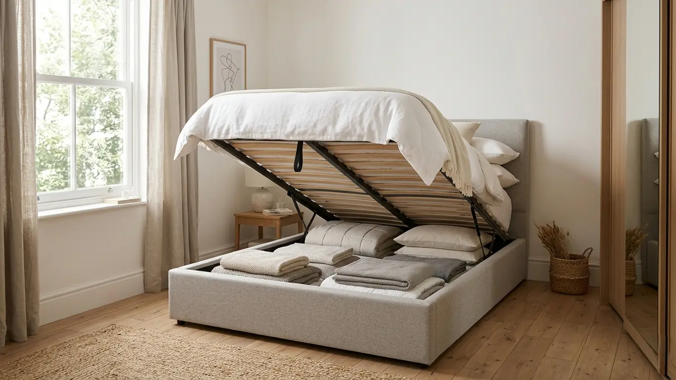 Ottoman bed with storage compartment open showing blankets inside