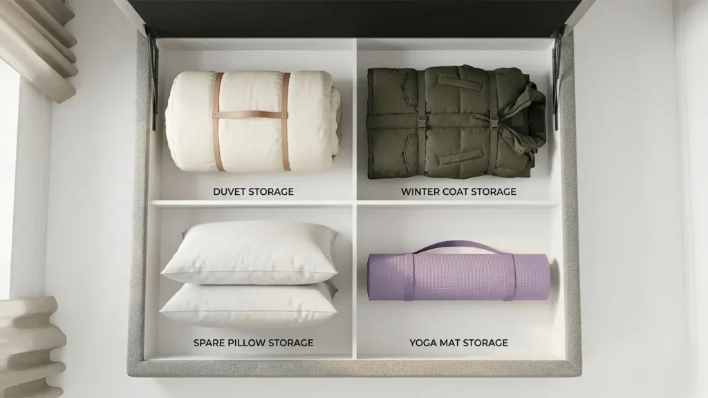 Bulky items like duvets, a coat, and pillows stored neatly inside an ottoman bed compartment