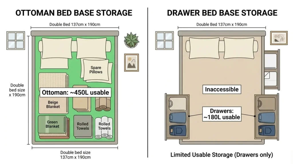 Diagram comparing usable storage volume of an ottoman bed versus a drawer bed
