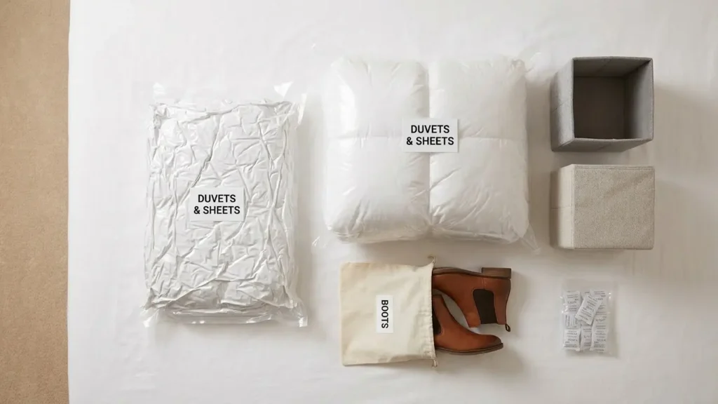 Vacuum storage bags, fabric storage cubes, silica gel packets and boot bags laid out for ottoman bed organisation