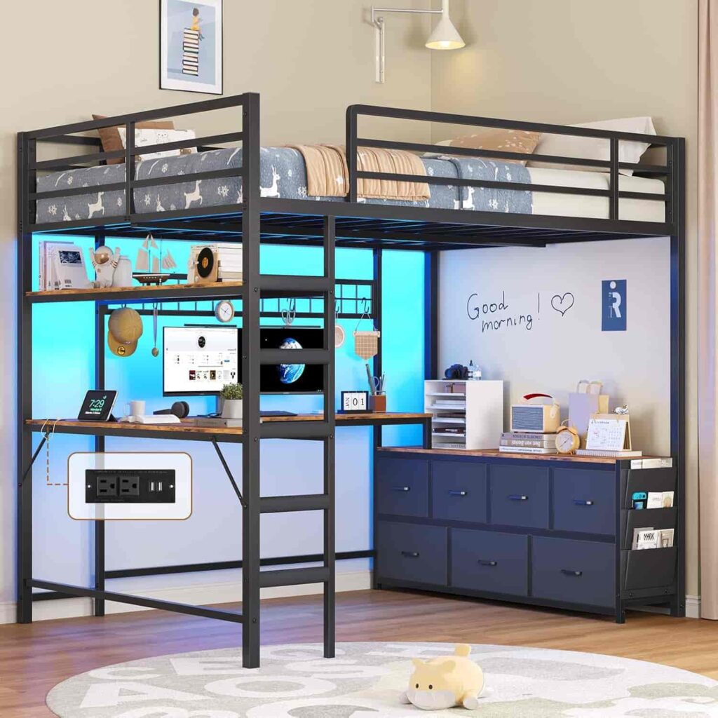 DICTAC Full Size black metal loft bed with U-shaped desk and 7 fabric storage drawers