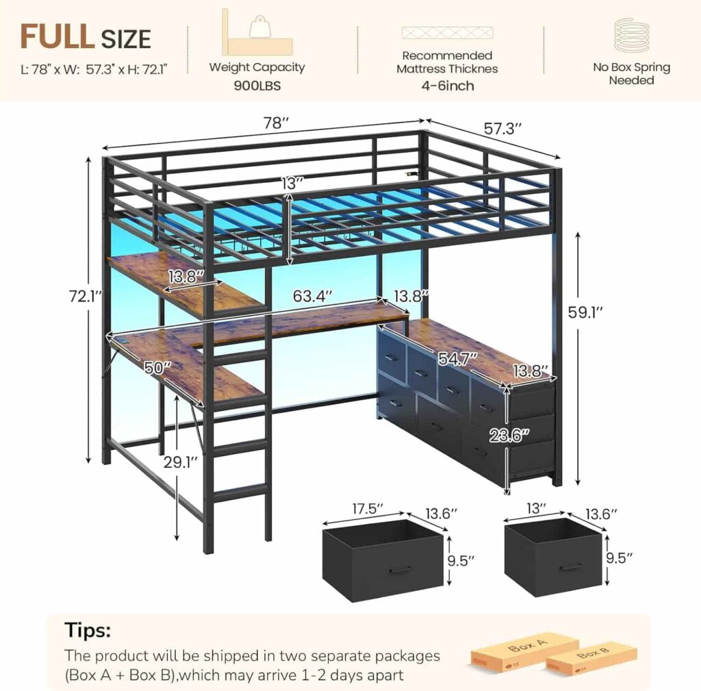 DICTAC Full Size black metal loft bed with U-shaped desk and 7 fabric storage drawers