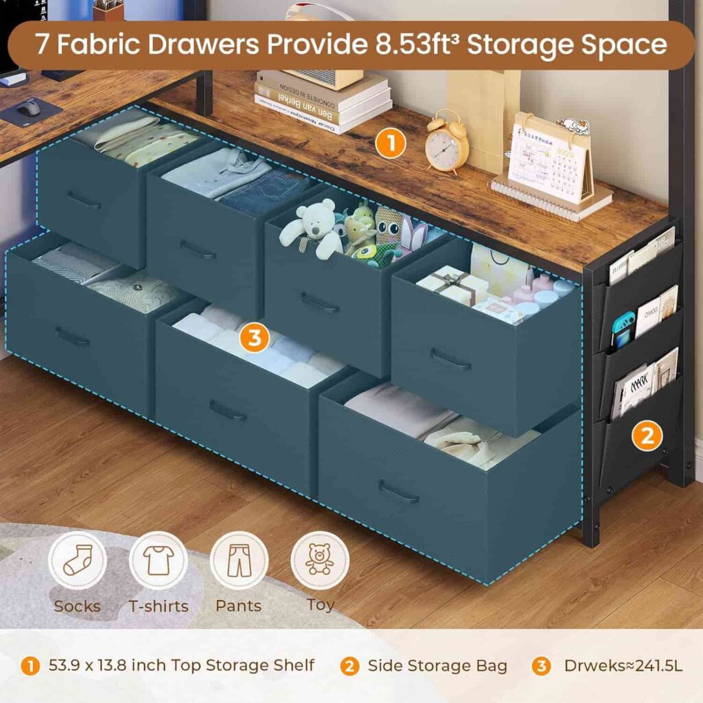 DICTAC Full Size black metal loft bed with U-shaped desk and 7 fabric storage drawers