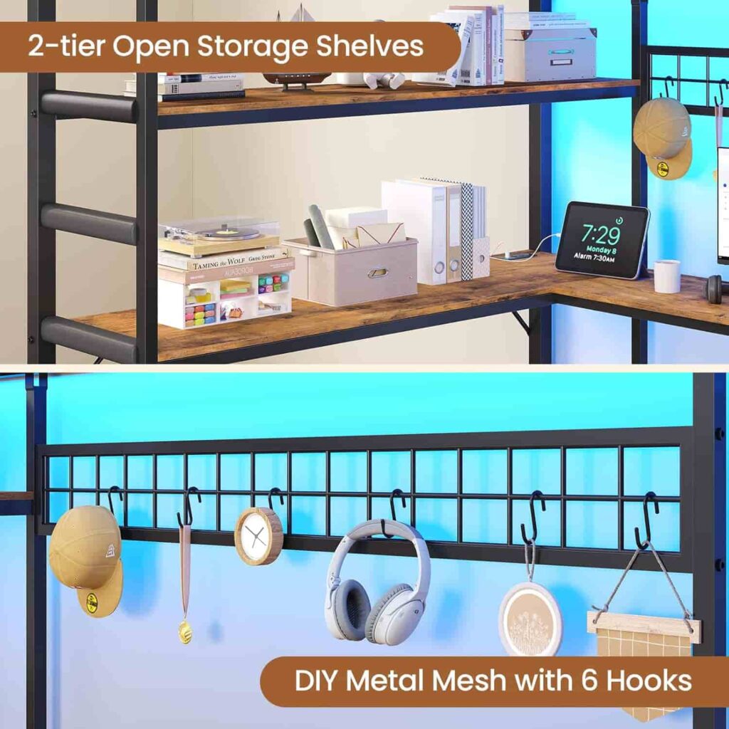 DICTAC Full Size black metal loft bed with U-shaped desk and 7 fabric storage drawers