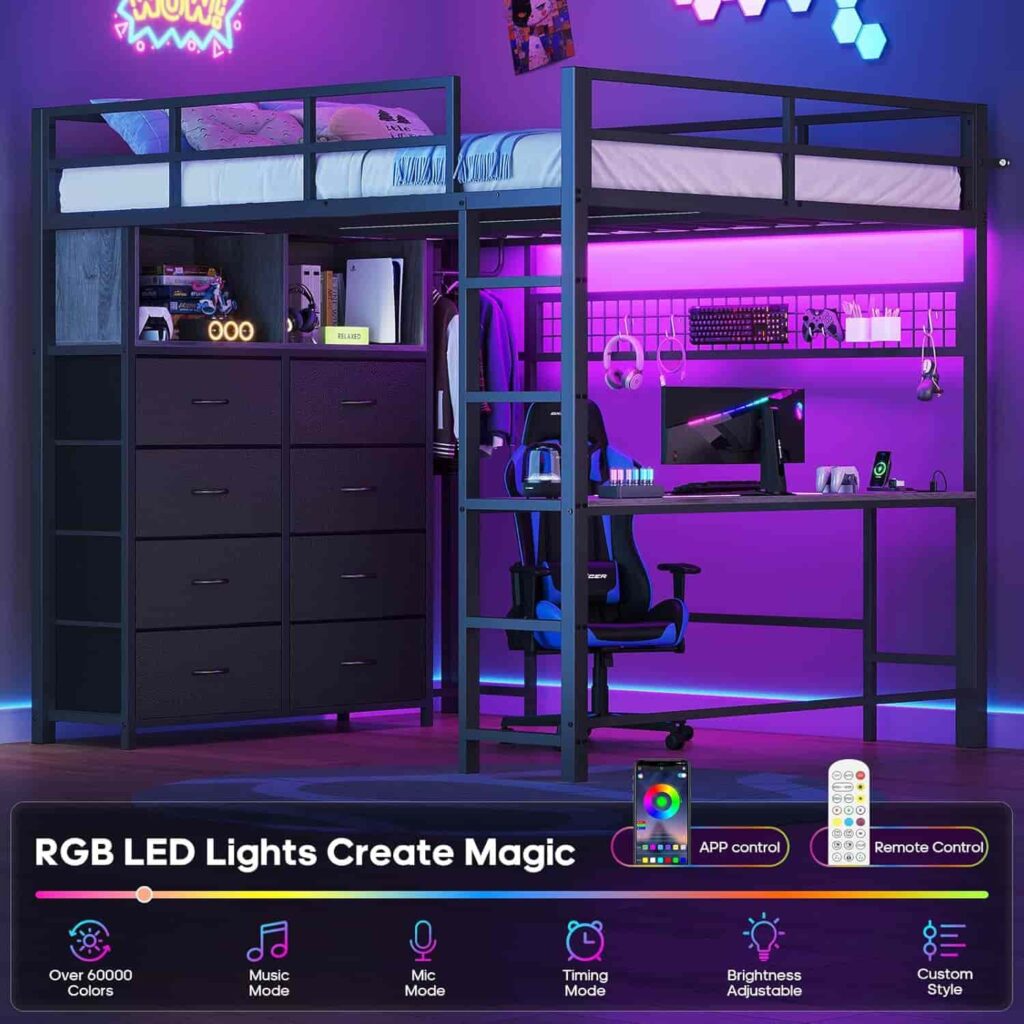 ADORNEVE Full Size grey metal loft bed with desk, 8 storage drawers and clothing rack