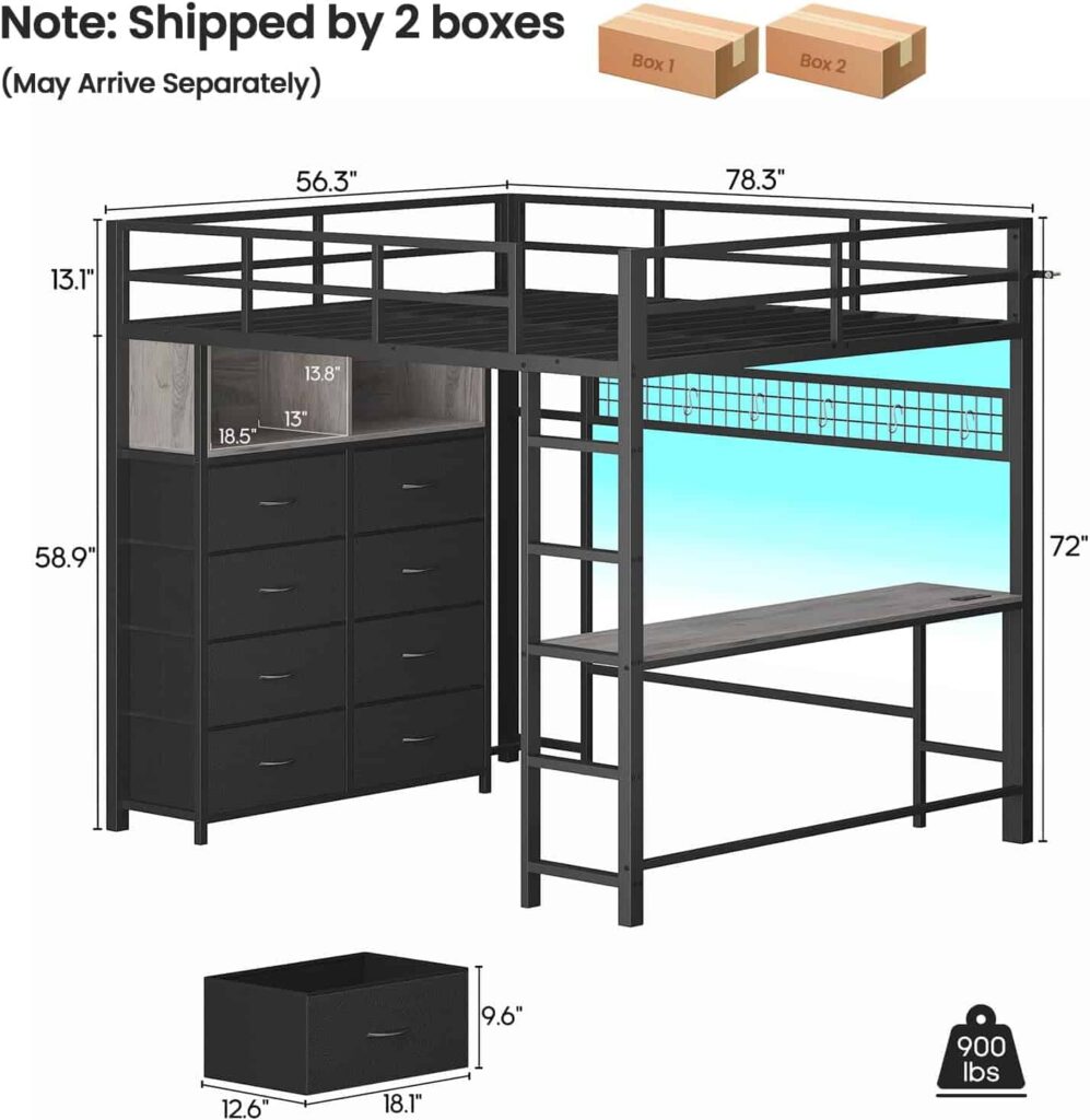 ADORNEVE Full Size grey metal loft bed with desk, 8 storage drawers and clothing rack