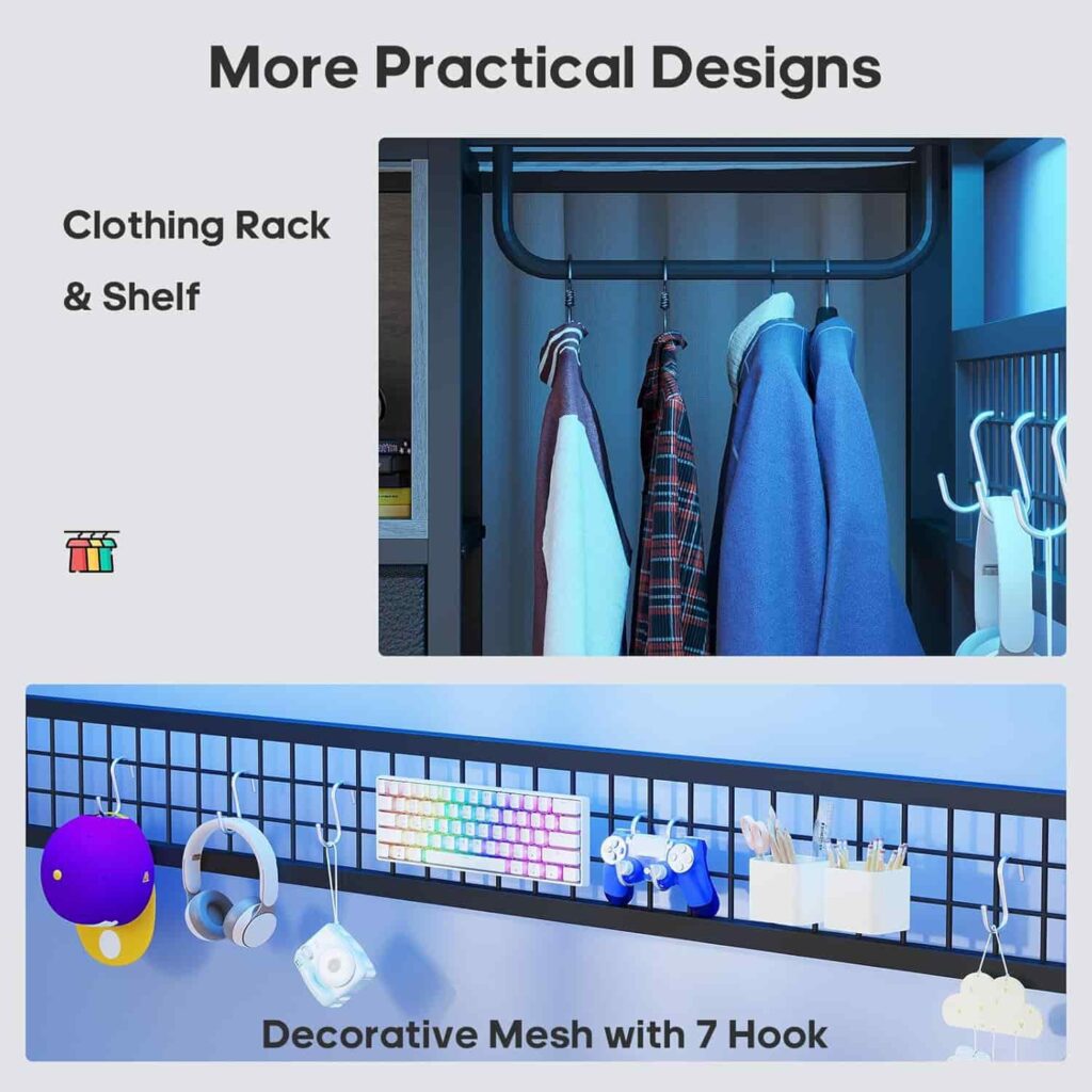 ADORNEVE Full Size grey metal loft bed with desk, 8 storage drawers and clothing rack