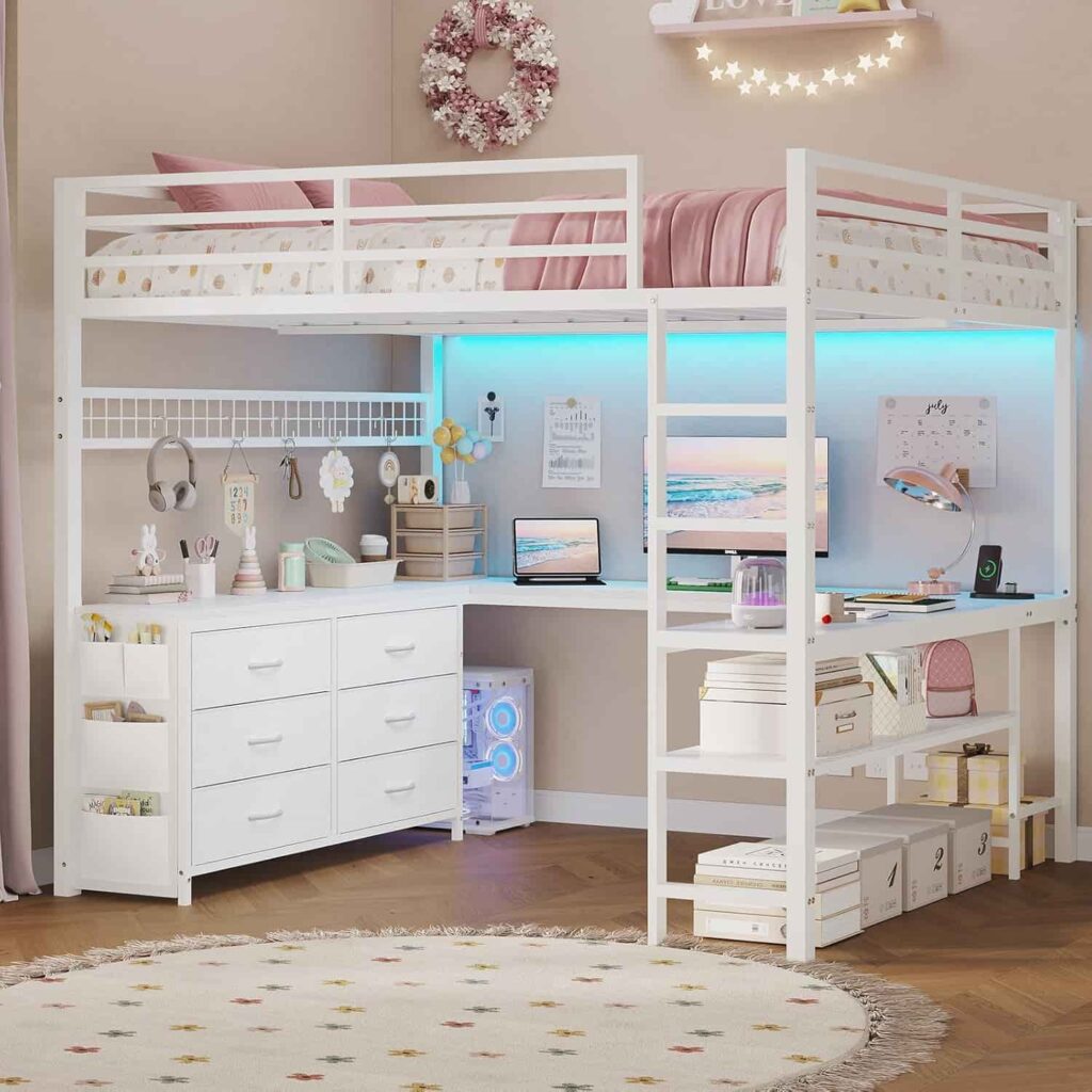 ADORNEVE Full Size white metal loft bed with U-shaped desk and 6 storage drawers
