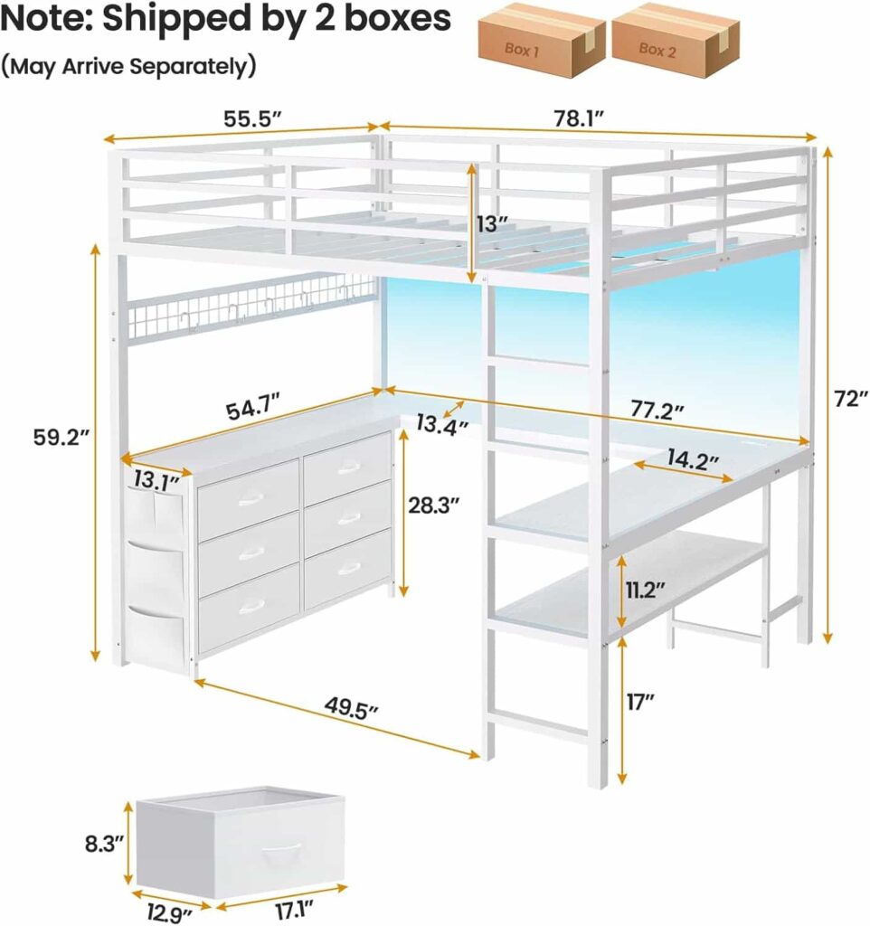 ADORNEVE Full Size white metal loft bed with U-shaped desk and 6 storage drawers