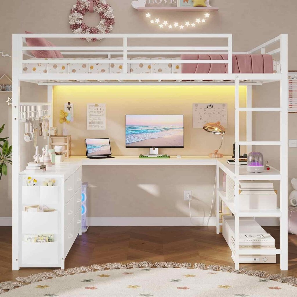ADORNEVE Full Size white metal loft bed with U-shaped desk and 6 storage drawers