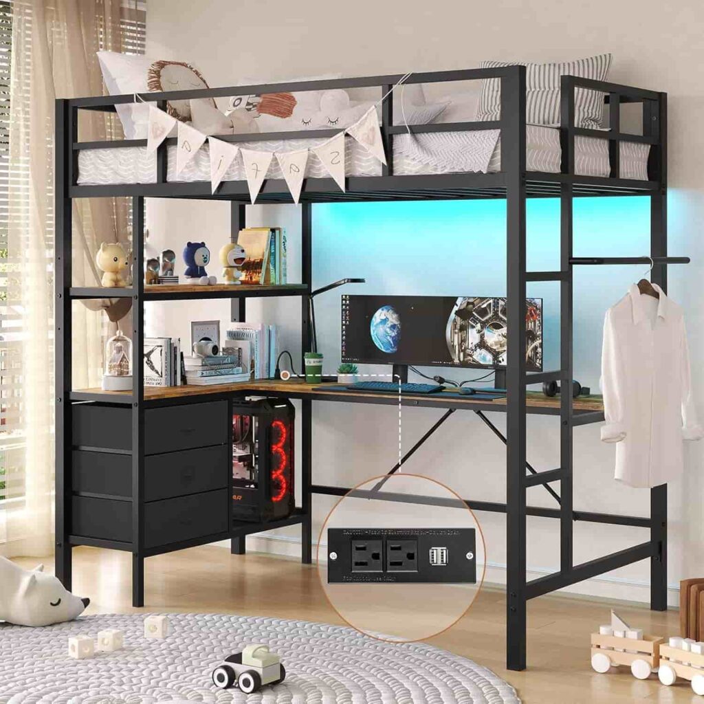 DICTAC Twin Size black metal loft bed with L-shaped desk, 3 fabric drawers and open storage shelves