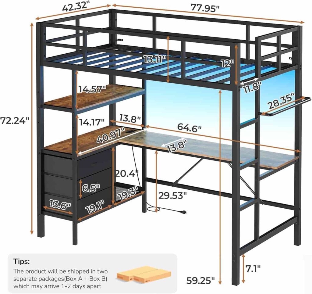 DICTAC Twin Size black metal loft bed with L-shaped desk, 3 fabric drawers and open storage shelves