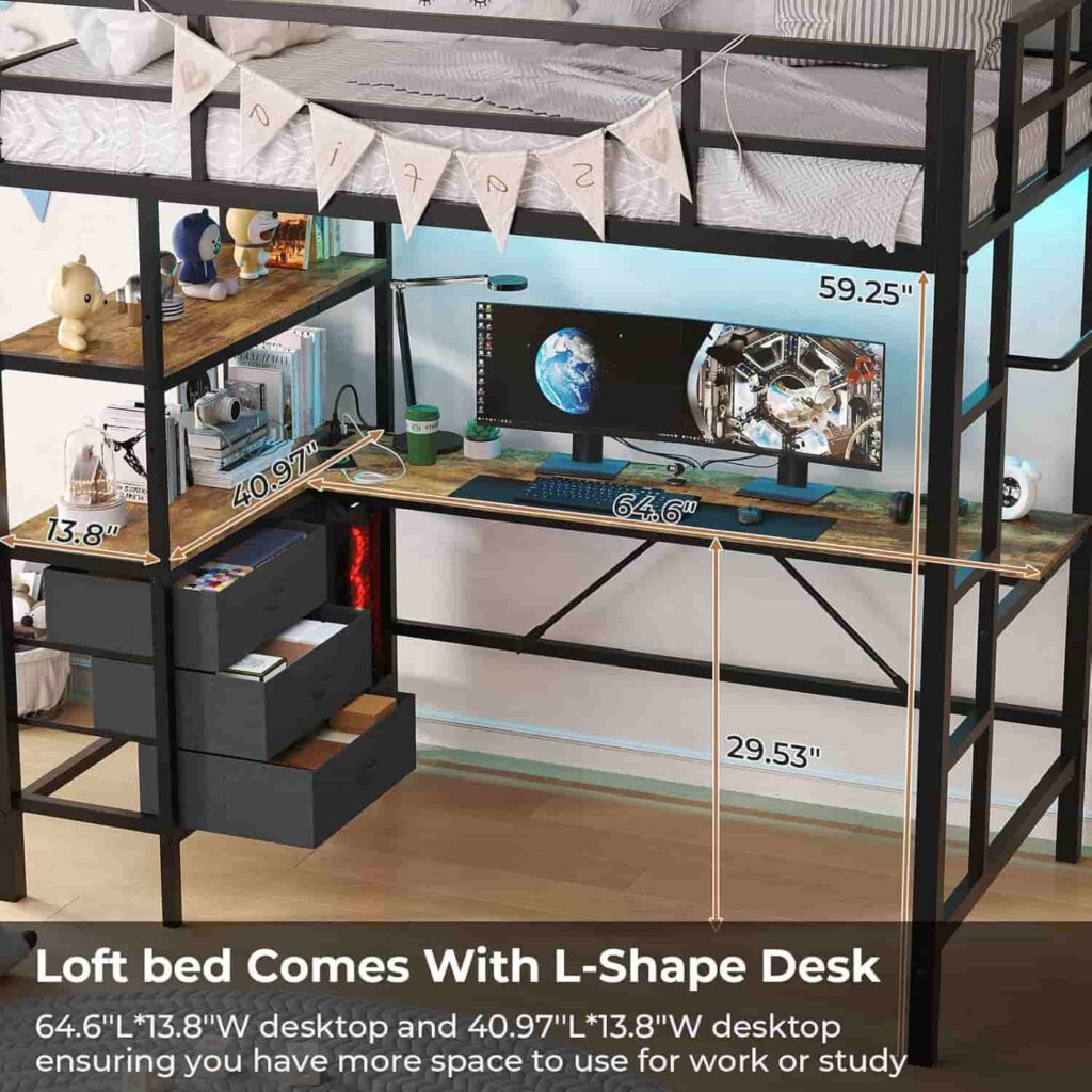DICTAC Twin Size black metal loft bed with L-shaped desk, 3 fabric drawers and open storage shelves