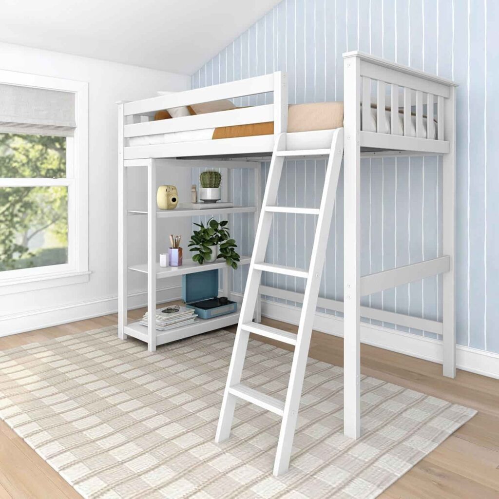 Max and Lily Twin High Loft Bed in white solid pine with three-shelf integrated bookcase