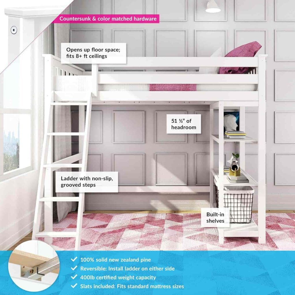Max and Lily Twin High Loft Bed in white solid pine with three-shelf integrated bookcase
