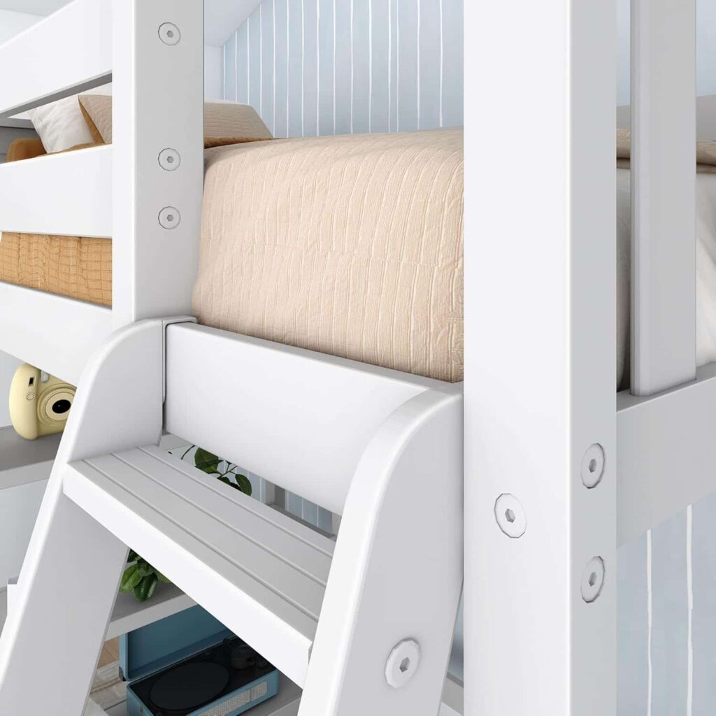 Max and Lily Twin High Loft Bed in white solid pine with three-shelf integrated bookcase