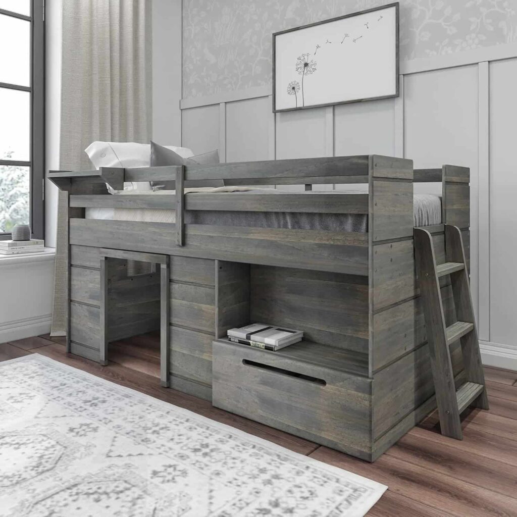 Max and Lily Twin Low Loft Bed in driftwood solid pine with pull-out drawer and angled ladder