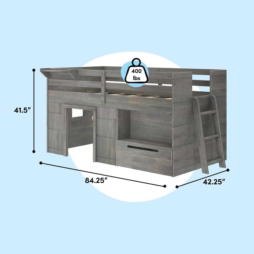 Max and Lily Twin Low Loft Bed in driftwood solid pine with pull-out drawer and angled ladder