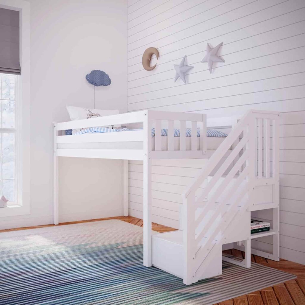 Max and Lily Twin Low Loft Bed with staircase in white