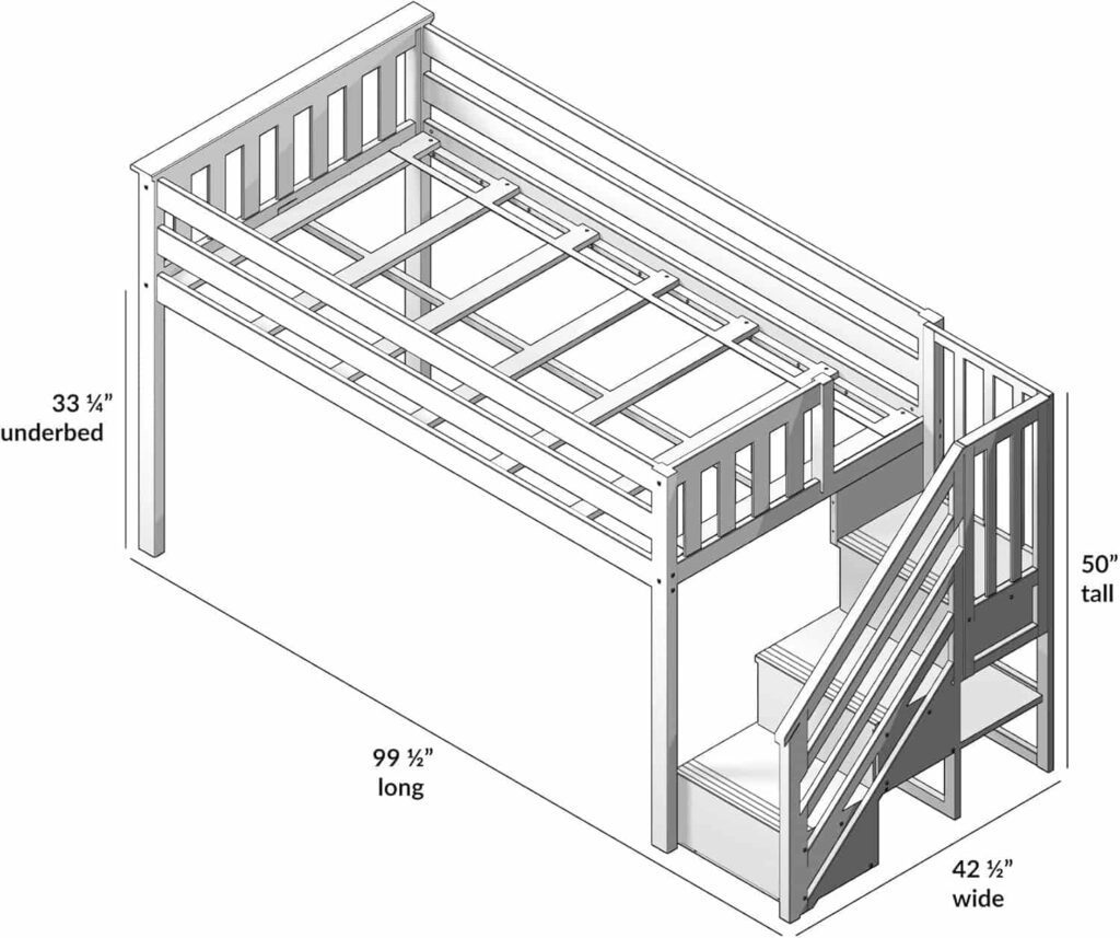 Max and Lily Twin Low Loft Bed with staircase in white