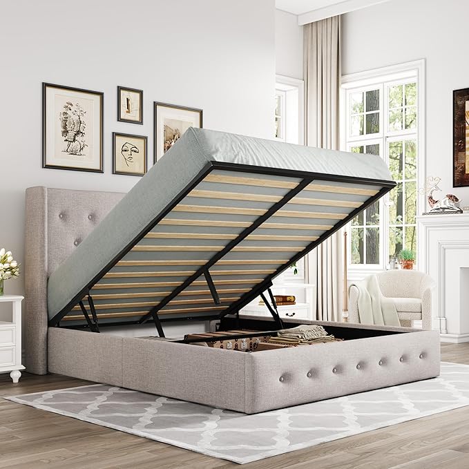 Allewie Full Size Traditional Lift Up Storage Bed in light beige with button tufted wingback headboard