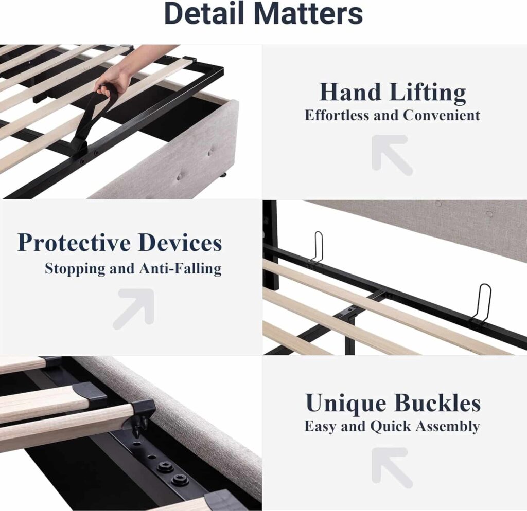 Allewie Full Size Traditional Lift Up Storage Bed in light beige with button tufted wingback headboard