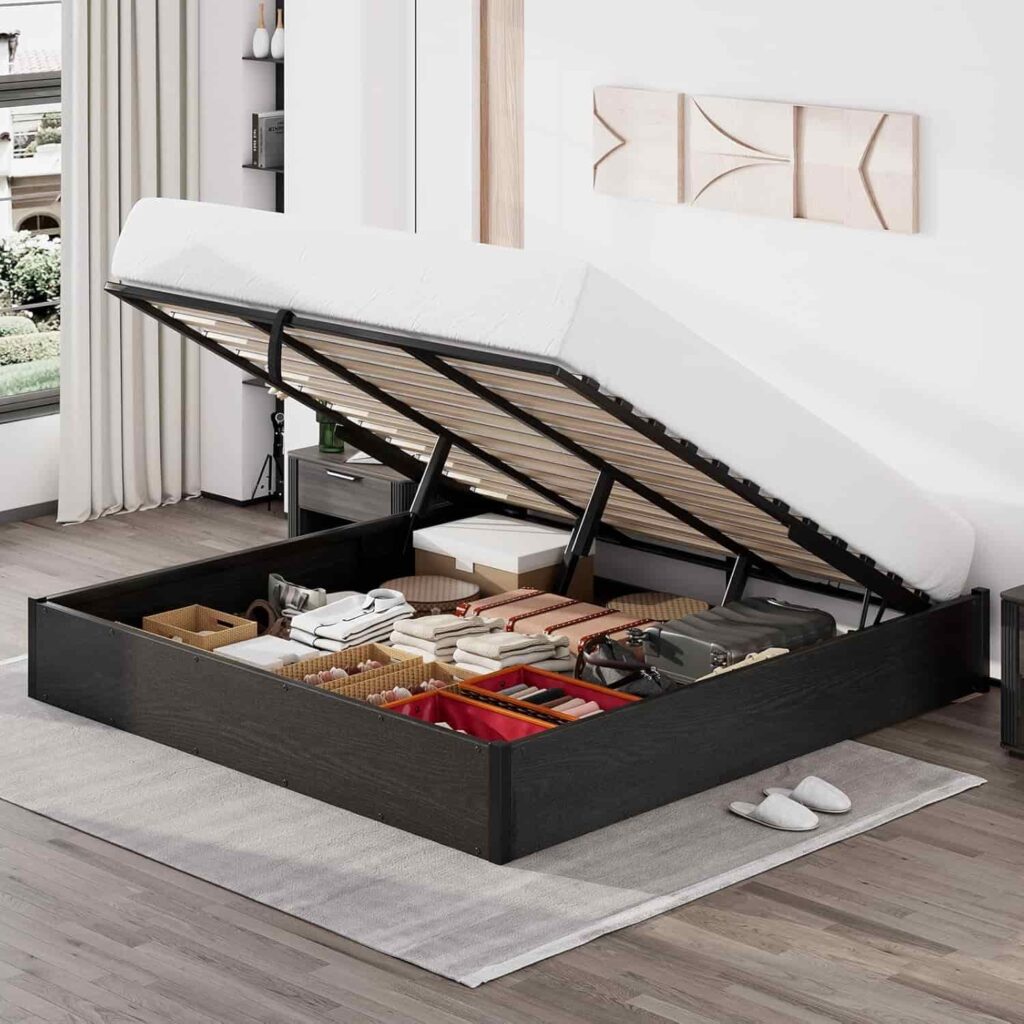 LUXOAK Full Size Lift Up Storage Bed in rustic brown industrial style