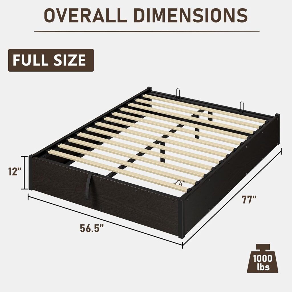 LUXOAK Full Size Lift Up Storage Bed in rustic brown industrial style