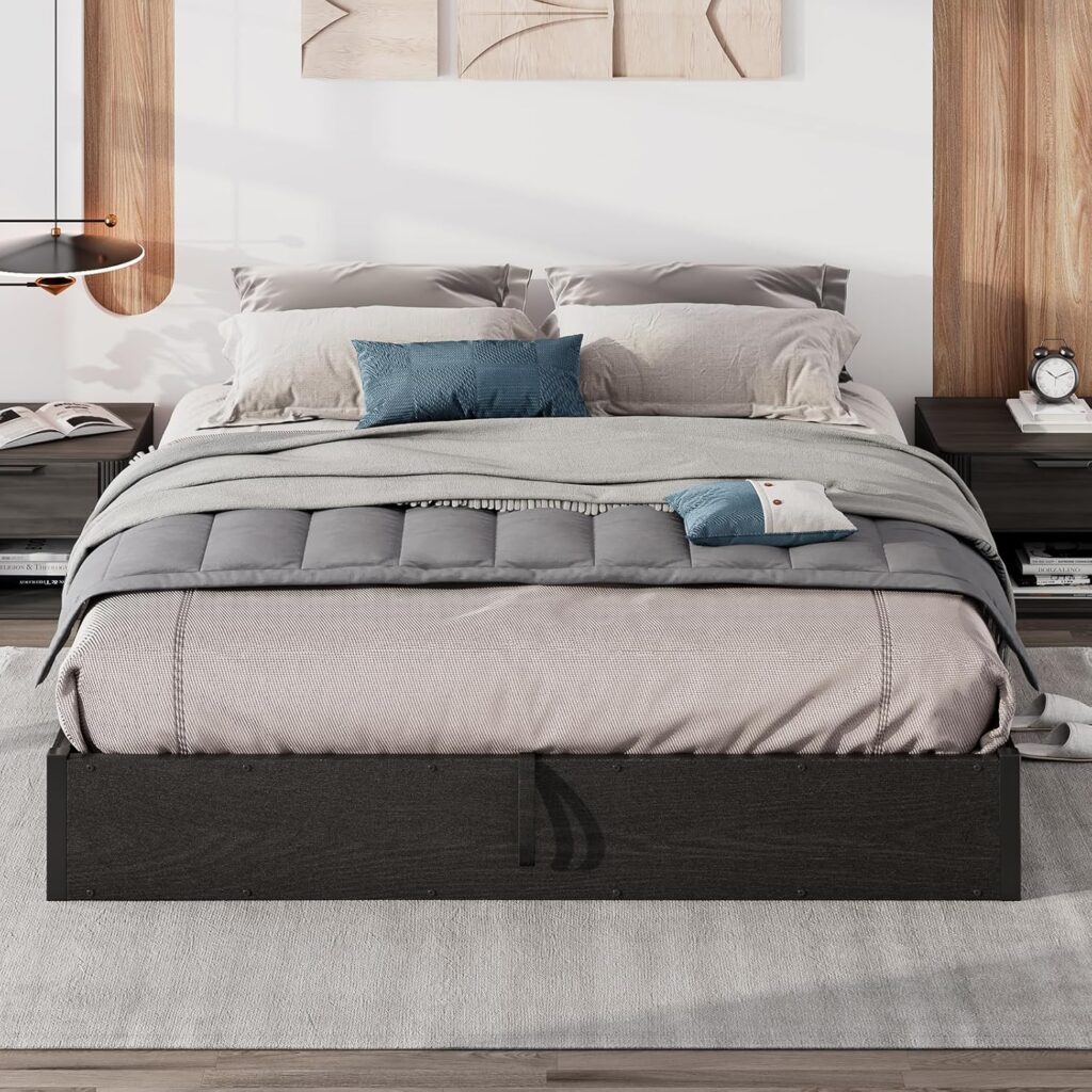 LUXOAK Full Size Lift Up Storage Bed in rustic brown industrial style