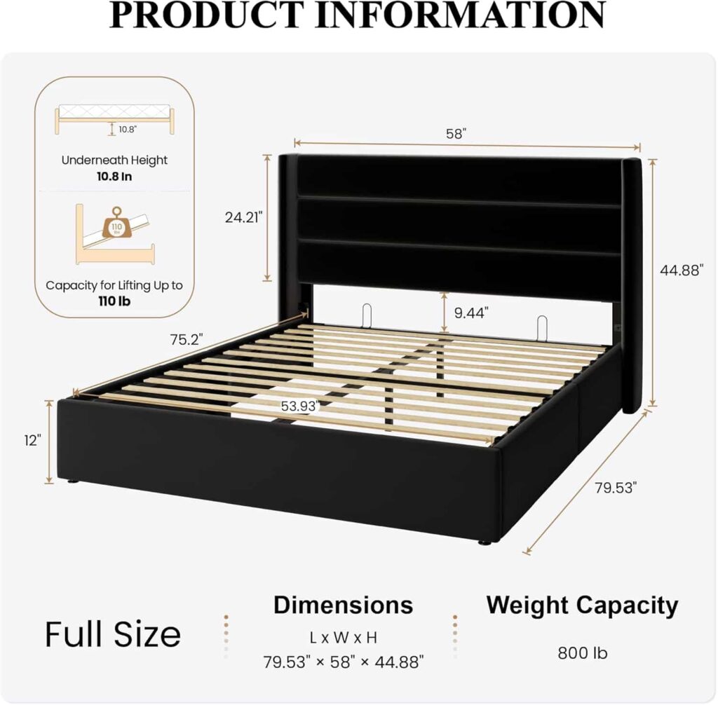 SHA CERLIN Full Size Velvet Lift Up Storage Bed with modern wingback headboard in black