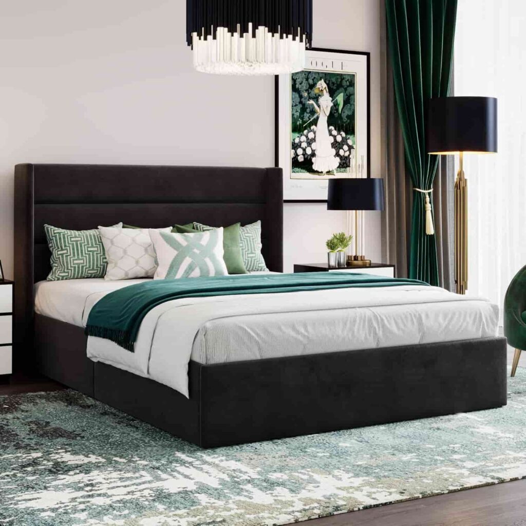 SHA CERLIN Full Size Velvet Lift Up Storage Bed with modern wingback headboard in black