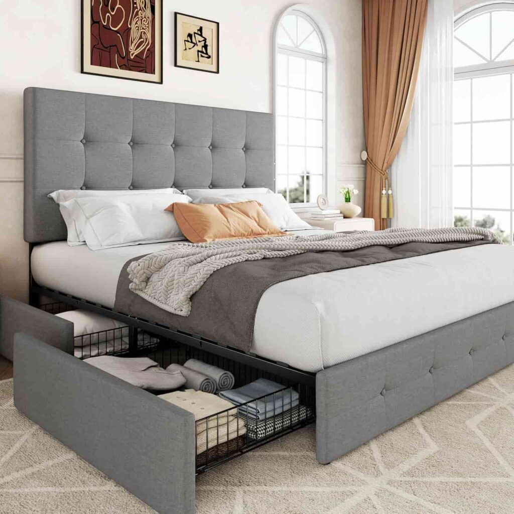 Allewie Full Size 4 Drawer Platform Bed in light grey with adjustable headboard