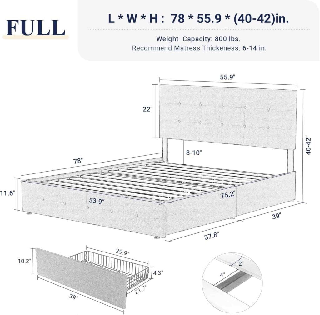 Allewie Full Size 4 Drawer Platform Bed in light grey with adjustable headboard
