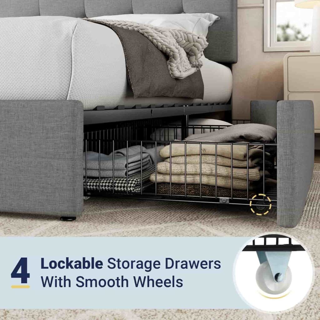 Allewie Full Size 4 Drawer Platform Bed in light grey with adjustable headboard