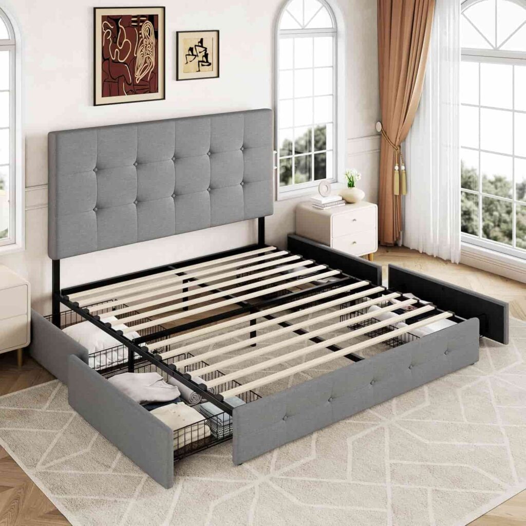 Allewie Full Size 4 Drawer Platform Bed in light grey with adjustable headboard